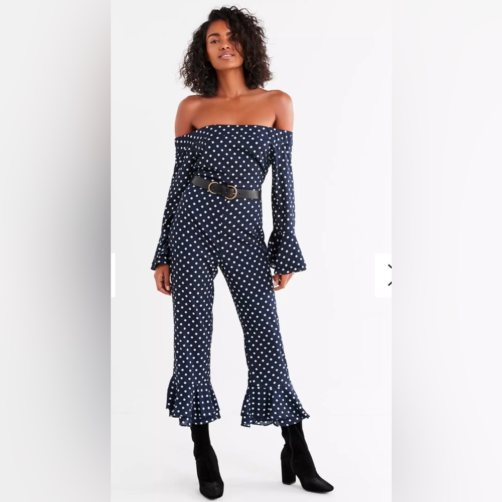 Urban Outfitters Off The Shoulder Ruffle Hem Polka Dot Jumpsuit NWT Size 6 UO